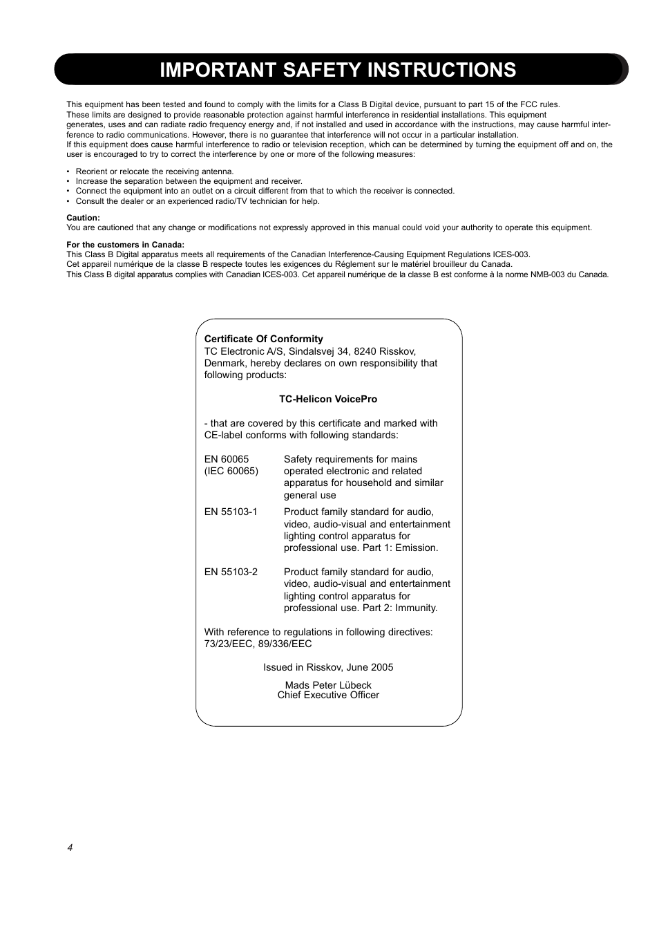 Important safety instructions | TC-Helicon VoicePro User Manual | Page 4 / 77