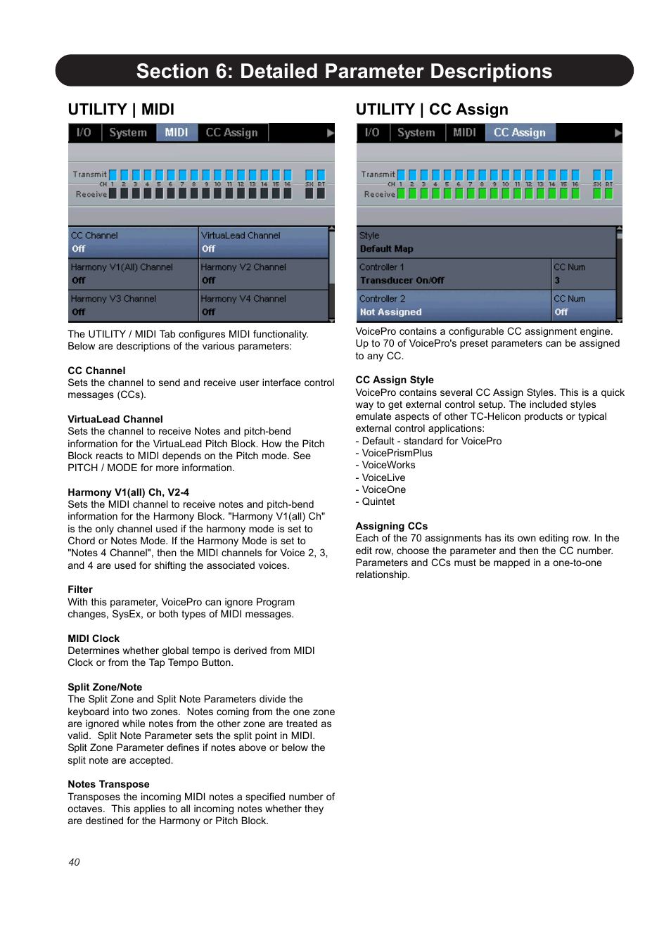 Utility | midi, Utility | cc assign | TC-Helicon VoicePro User Manual | Page 40 / 77
