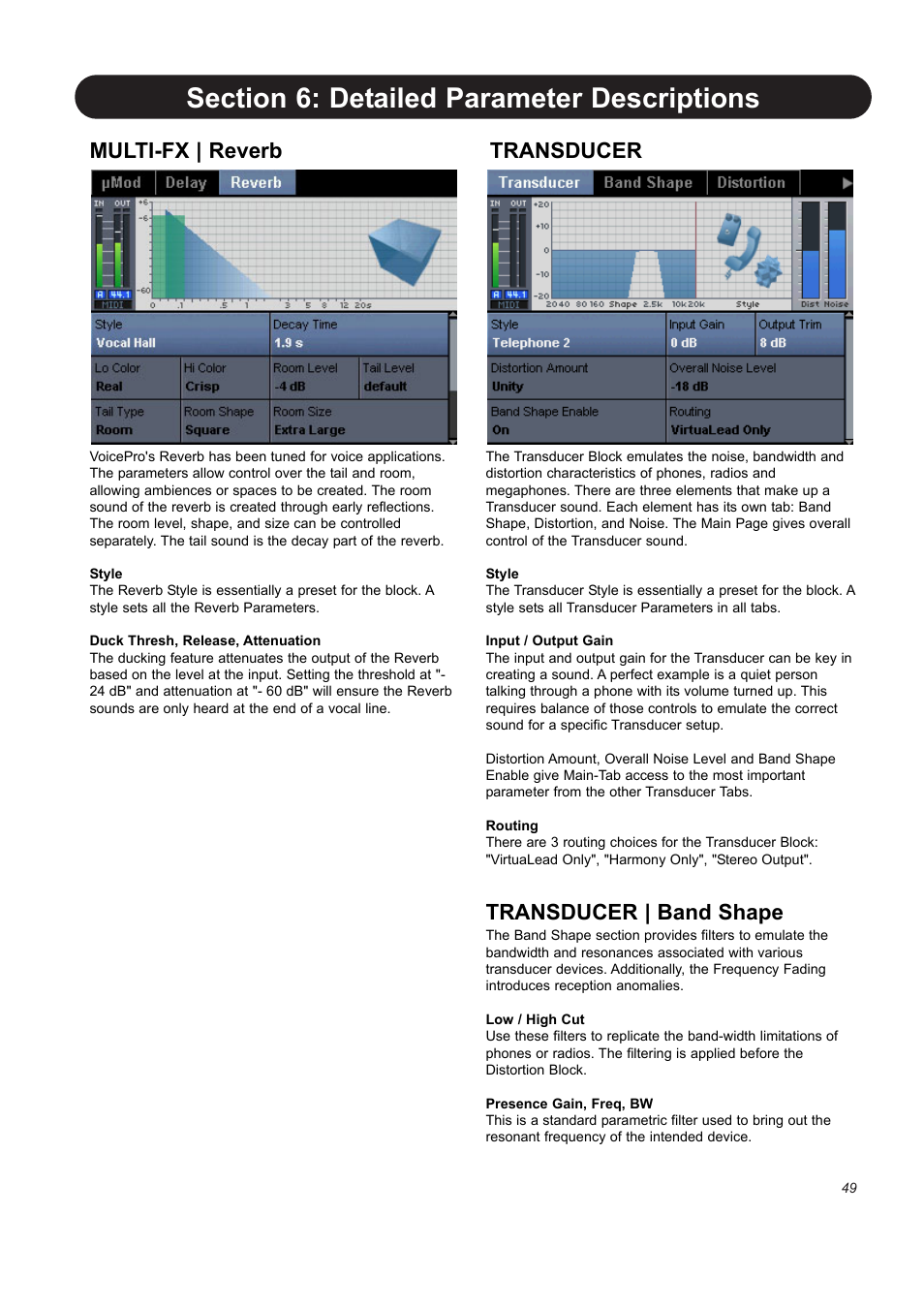 Multi-fx | reverb, Transducer, Transducer | band shape | TC-Helicon VoicePro User Manual | Page 49 / 77