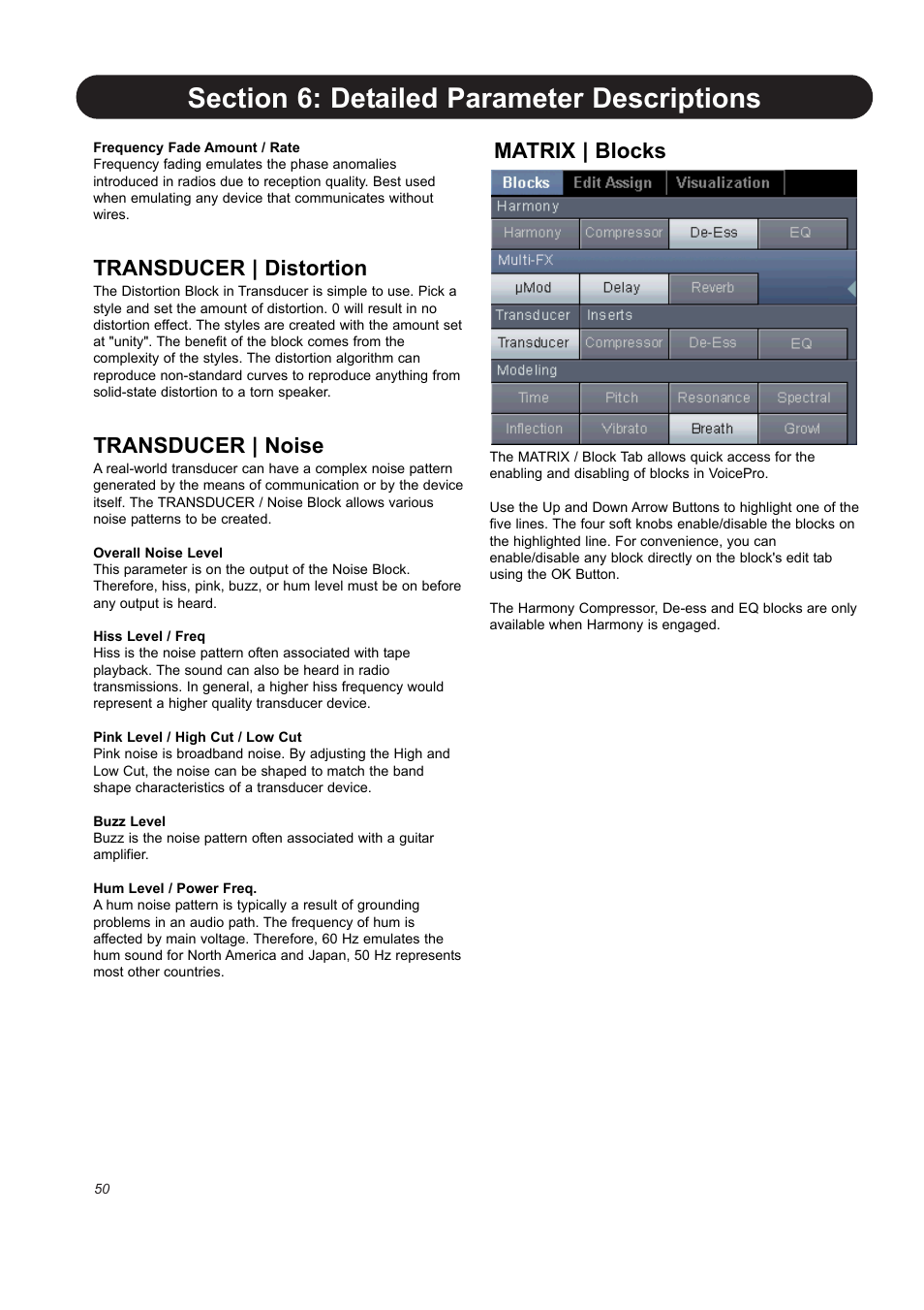Transducer | distortion, Transducer | noise, Matrix | blocks | TC-Helicon VoicePro User Manual | Page 50 / 77