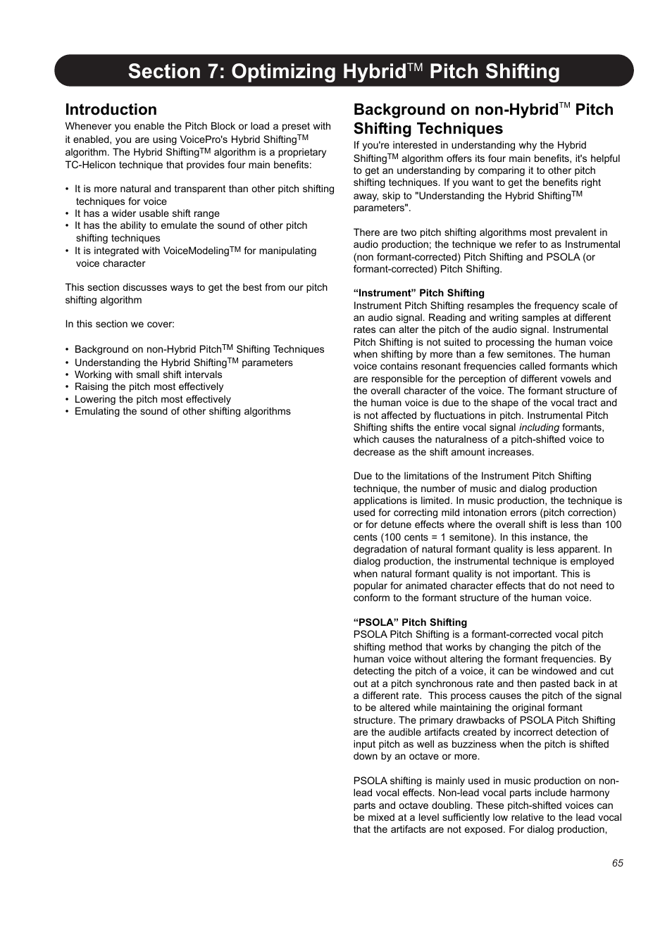 Pitch shifting, Introduction, Background on non-hybrid | Pitch shifting techniques | TC-Helicon VoicePro User Manual | Page 65 / 77