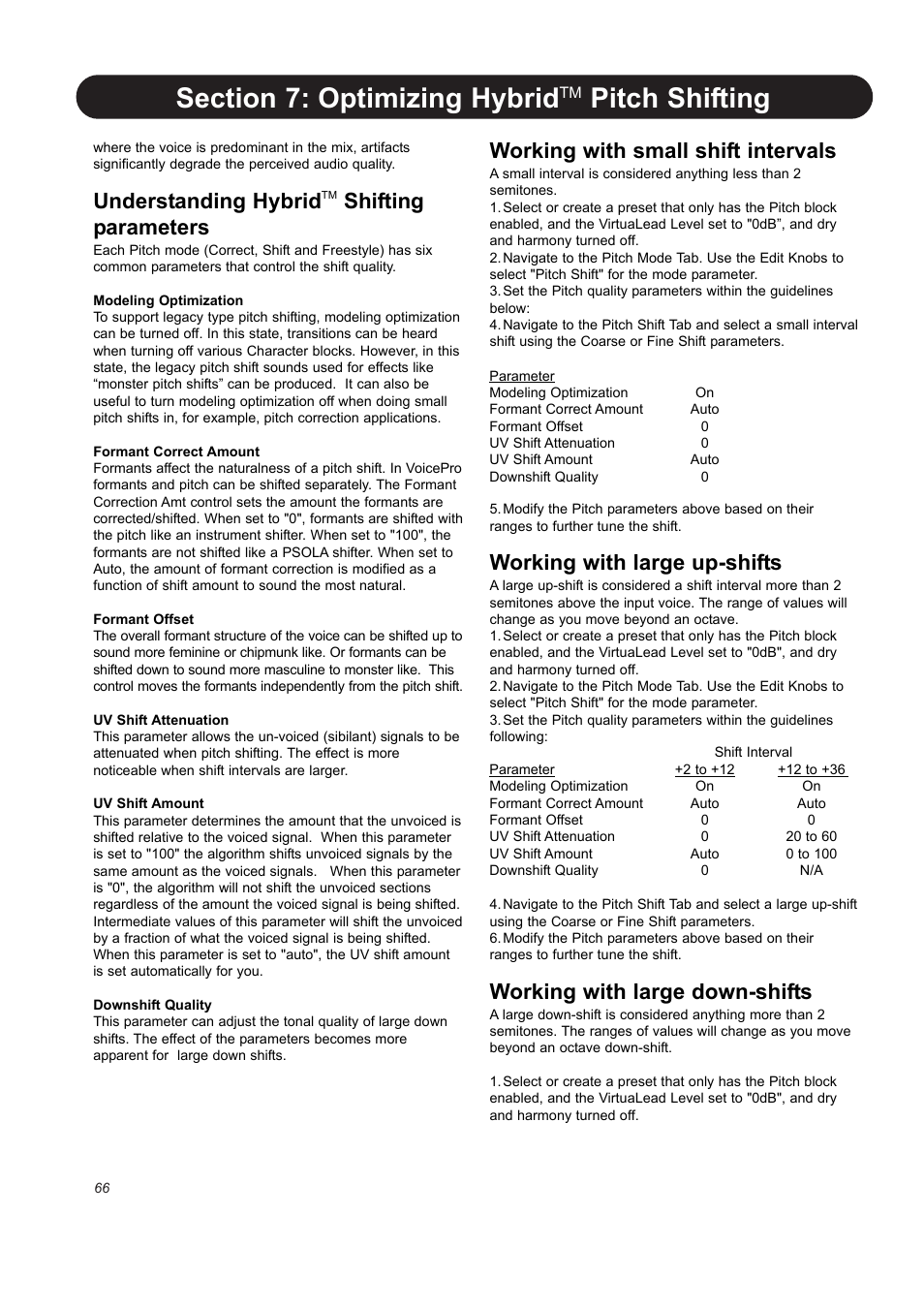 Pitch shifting, Understanding hybrid, Shifting parameters | Working with small shift intervals, Working with large up-shifts, Working with large down-shifts | TC-Helicon VoicePro User Manual | Page 66 / 77