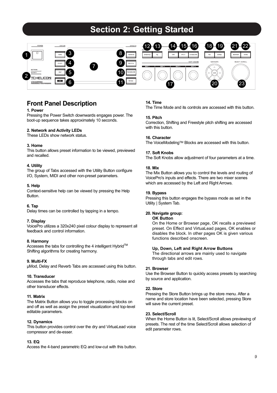 Front panel description | TC-Helicon VoicePro User Manual | Page 9 / 77