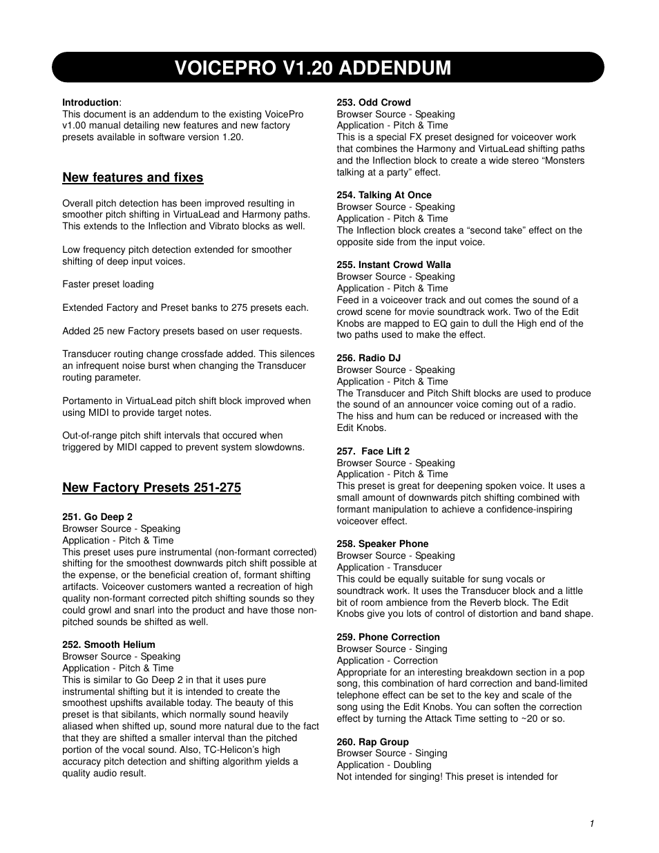 TC-Helicon VoicePro Addendum User Manual | 2 pages