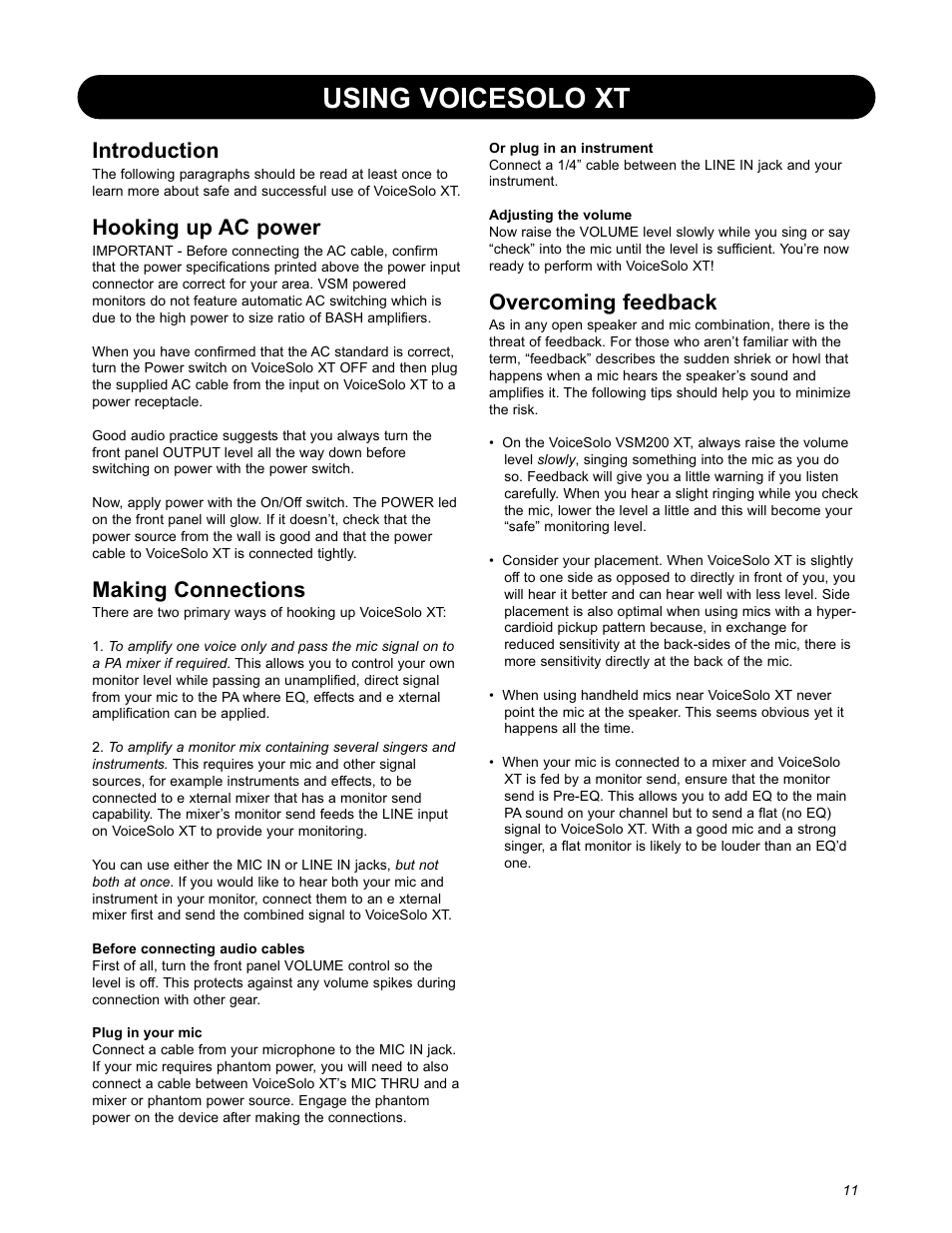 Using voicesolo xt, Overcoming feedback, Introduction | Hooking up ac power, Making connections | TC-Helicon VoiceSolo VSM-200 XT User Manual | Page 13 / 16