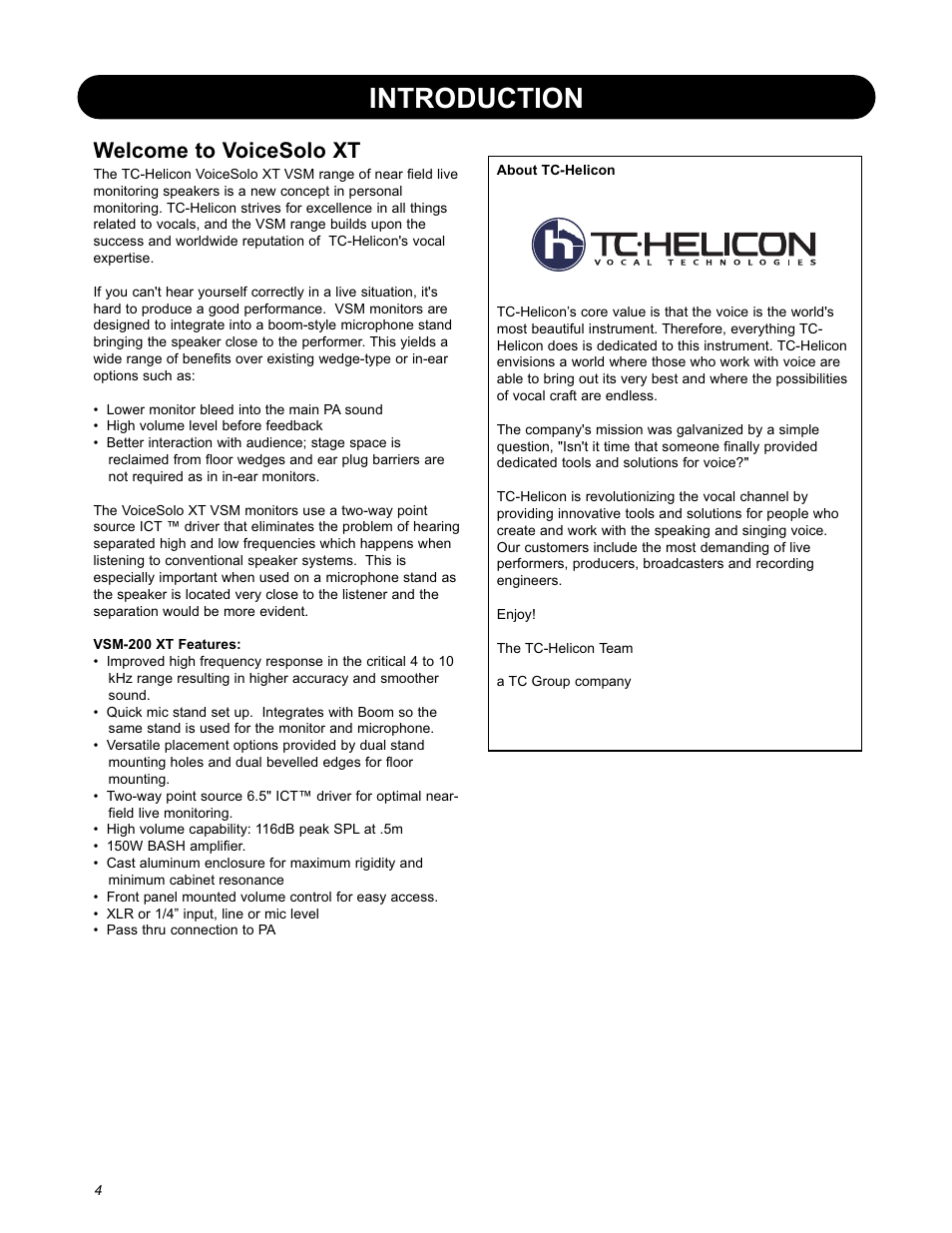 Introduction, Welcome to voicesolo xt | TC-Helicon VoiceSolo VSM-200 XT User Manual | Page 6 / 16