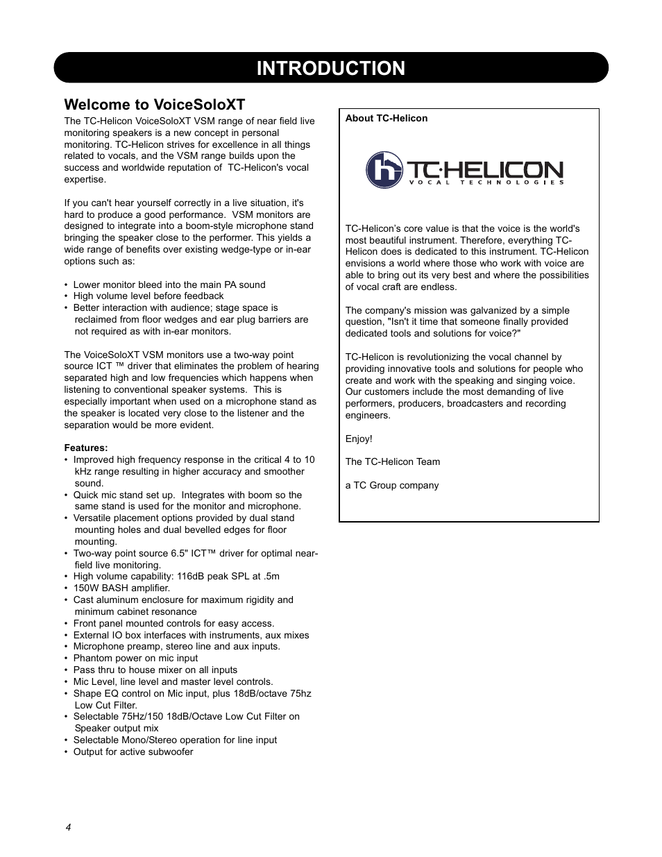 Introduction, Welcome to voicesoloxt | TC-Helicon VoiceSolo VSM-300 XT User Manual | Page 6 / 20