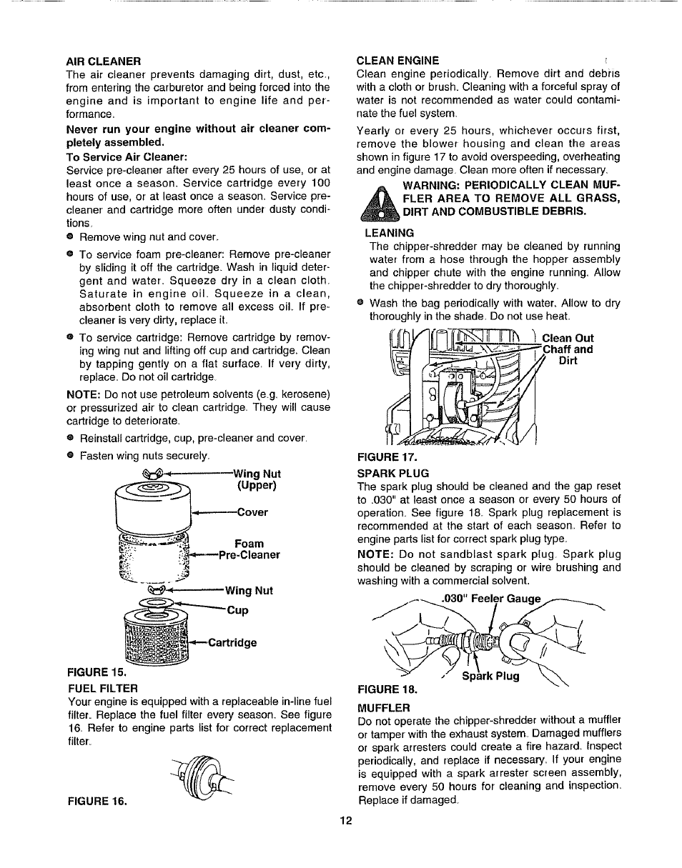 Air cleaner, Cover, Clean engine | Leaning, Spark plug, Muffler | Craftsman 247.795861 User Manual | Page 12 / 16