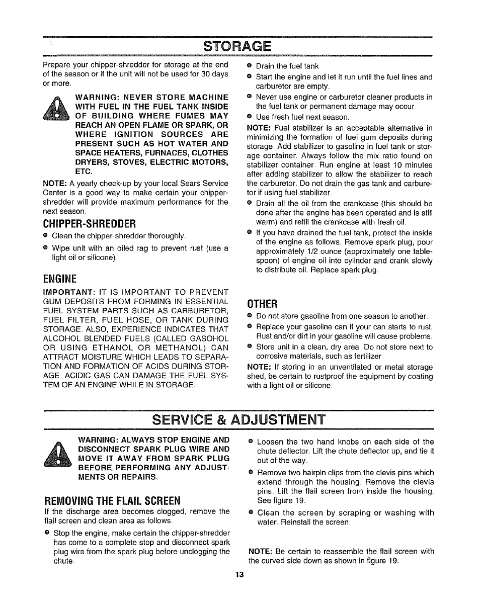 Storage, Chipper-shredder, Engine | Other, Removing the flail screen, Service & adjustment | Craftsman 247.795861 User Manual | Page 13 / 16