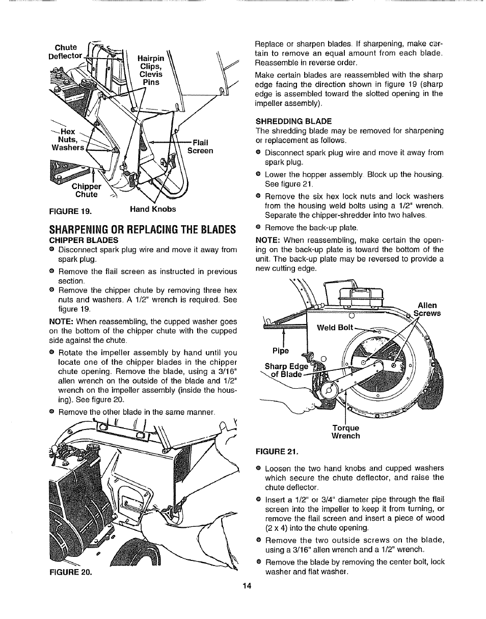 Shabpee^ing or replacing the blades, Chipper blades, Shredding blade | Craftsman 247.795861 User Manual | Page 14 / 16