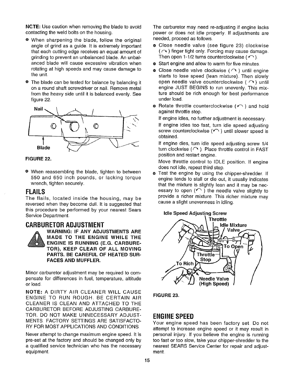 Carburetor adjustment, Engine speed, Flails | Craftsman 247.795861 User Manual | Page 15 / 16