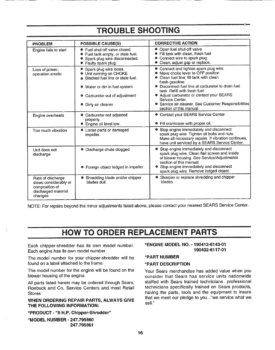 Trouble shooting, How to order replacement parts, Model number - 247.795860 247.795861 | Engine model no 412-6143-01, Part number ‘part description | Craftsman 247.795861 User Manual | Page 16 / 16