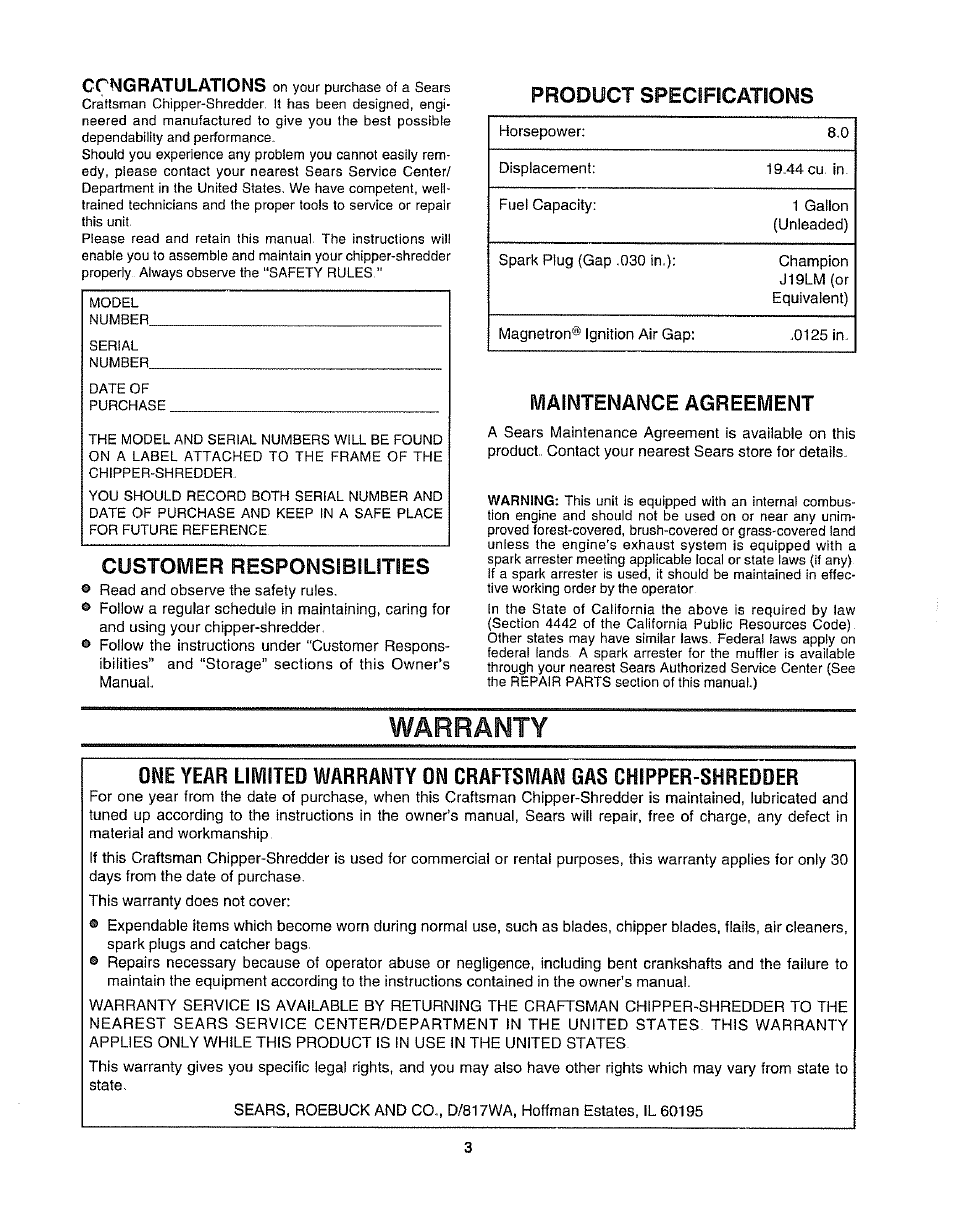 Product specifications, Maintenance agreement, Warranty | Customer responsibilities | Craftsman 247.795861 User Manual | Page 3 / 16