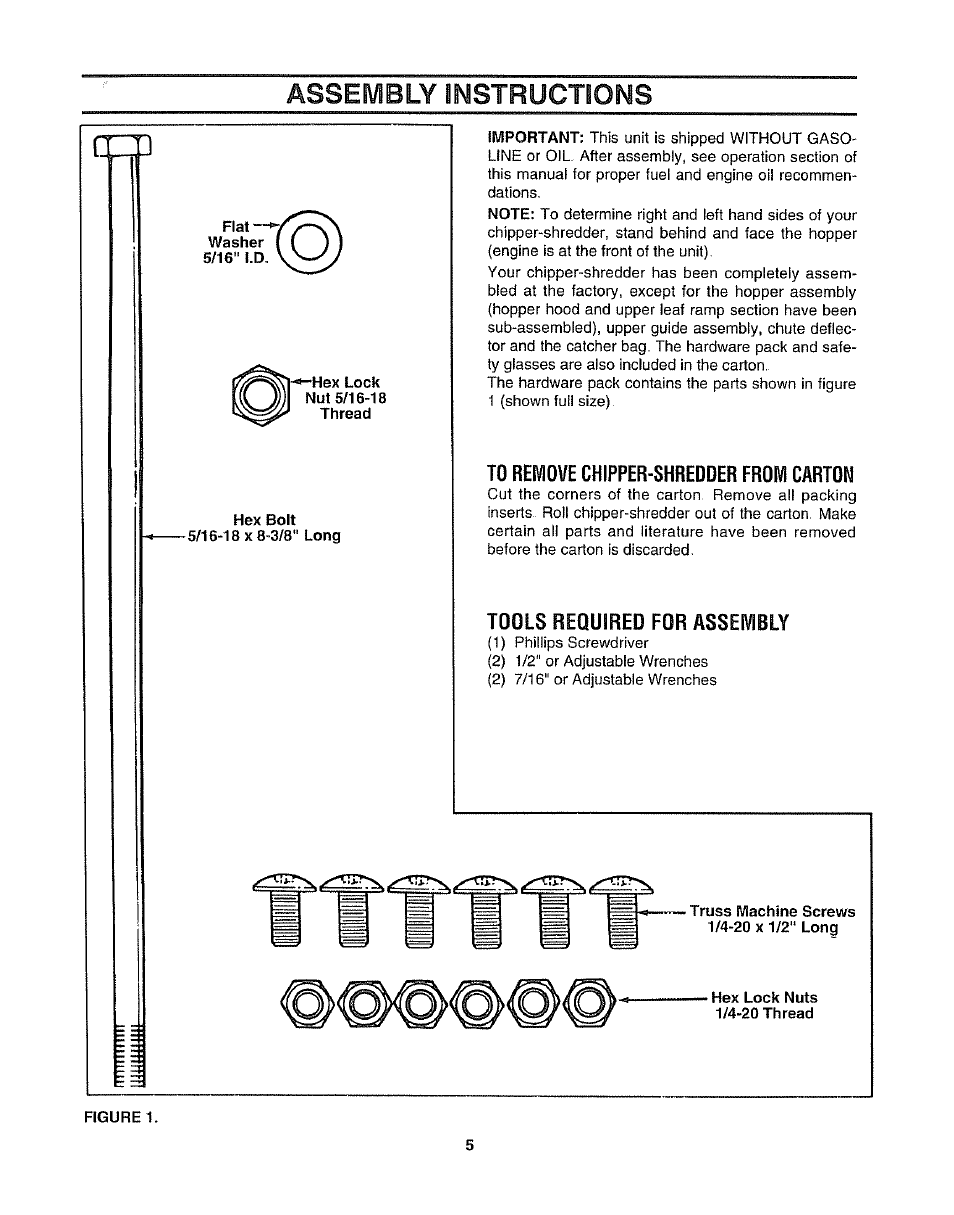 Assembly instructions, To remove chipper-shredder from carton, Tools required for assembly | Craftsman 247.795861 User Manual | Page 5 / 16