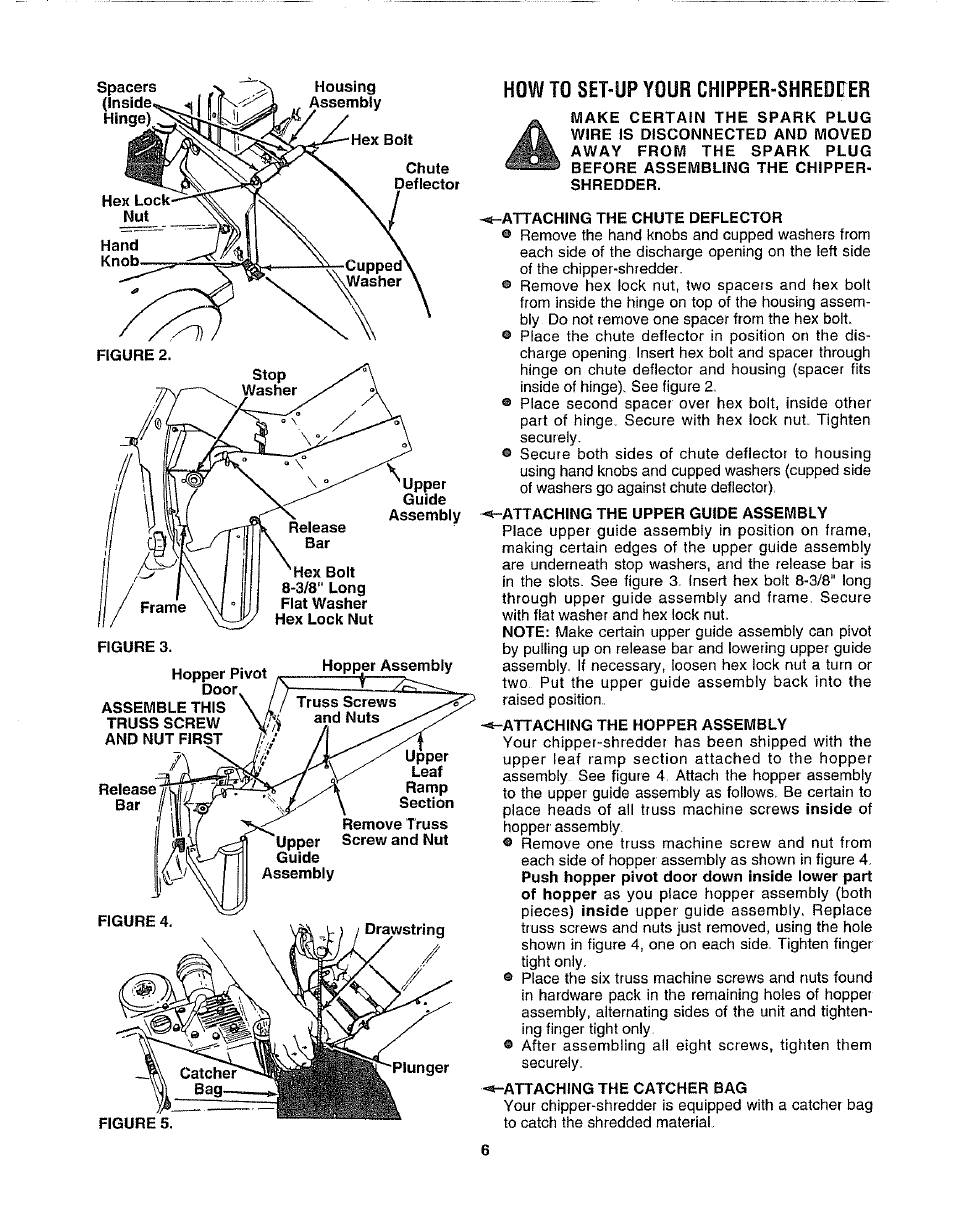 How to set-up your chipper-shredher, Attaching the chute deflector, Attaching the upper guide assembly | Attaching the hopper assembly, Attaching the catcher bag | Craftsman 247.795861 User Manual | Page 6 / 16