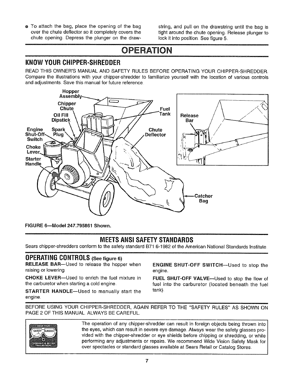 Operation, Know your chipper-shredder, Choke lever | Meets ansi safety standards, Operating controls (see figure 6), Operation -10, Operating controls | Craftsman 247.795861 User Manual | Page 7 / 16