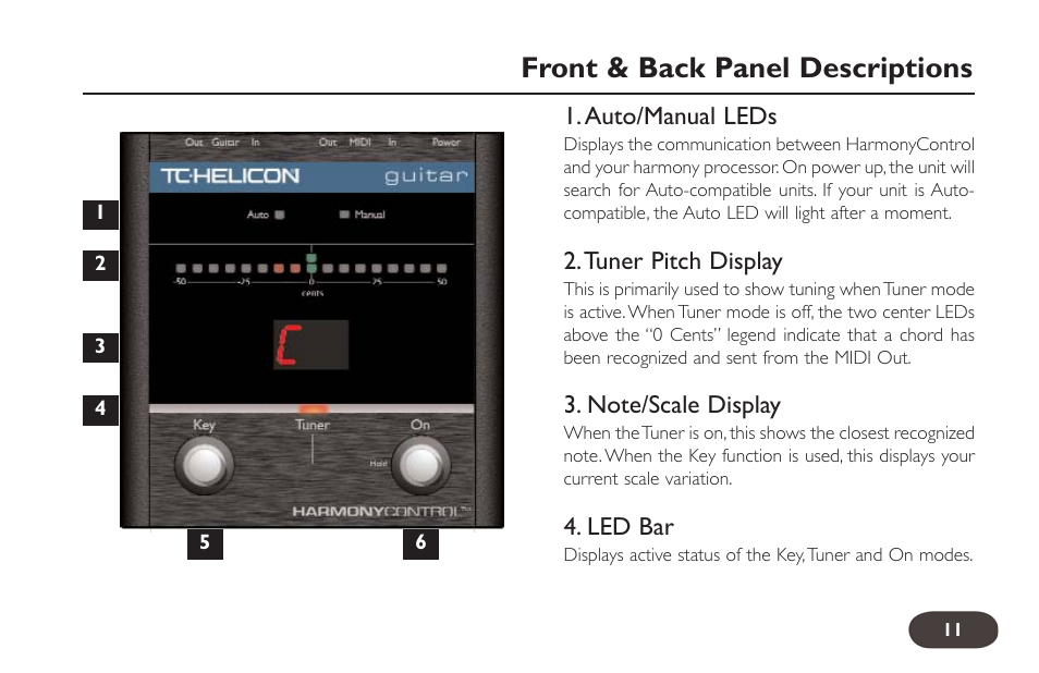 Front & back panel descriptions | TC-Helicon HarmonyControl Guitar User Manual | Page 10 / 24