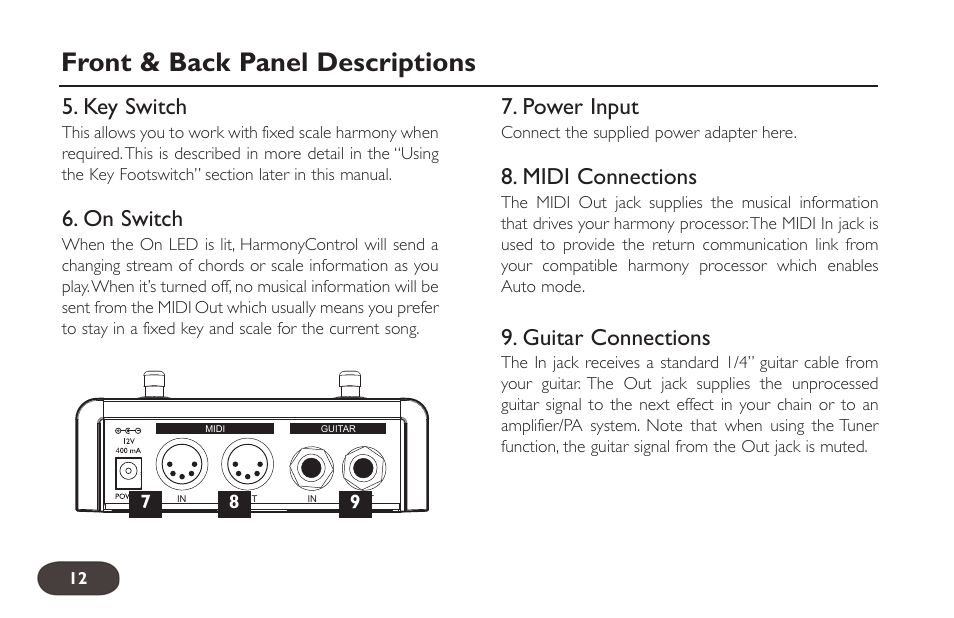 Front & back panel descriptions, Key switch, On switch | Power input, Midi connections, Guitar connections | TC-Helicon HarmonyControl Guitar User Manual | Page 11 / 24