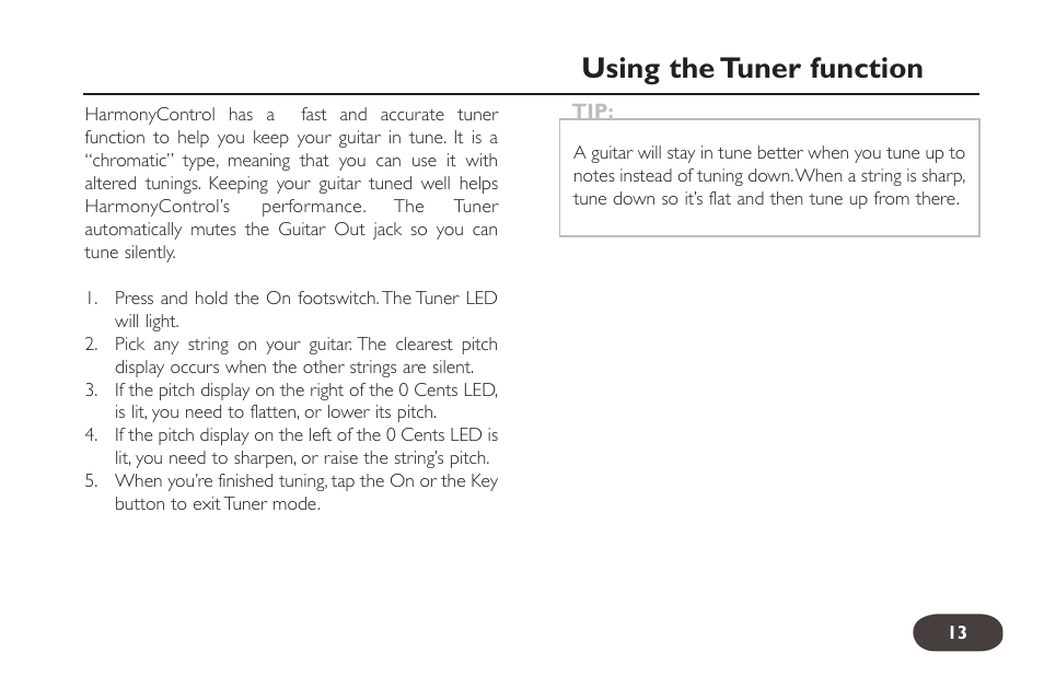 Using the tuner function | TC-Helicon HarmonyControl Guitar User Manual | Page 12 / 24