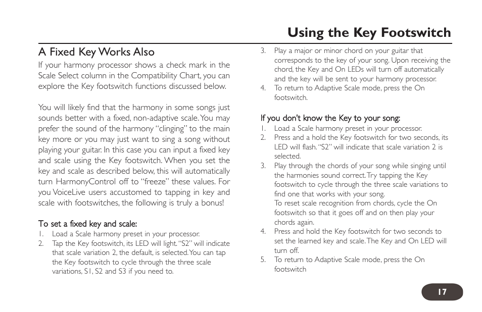 Using the key footswitch, A fixed key works also | TC-Helicon HarmonyControl Guitar User Manual | Page 16 / 24
