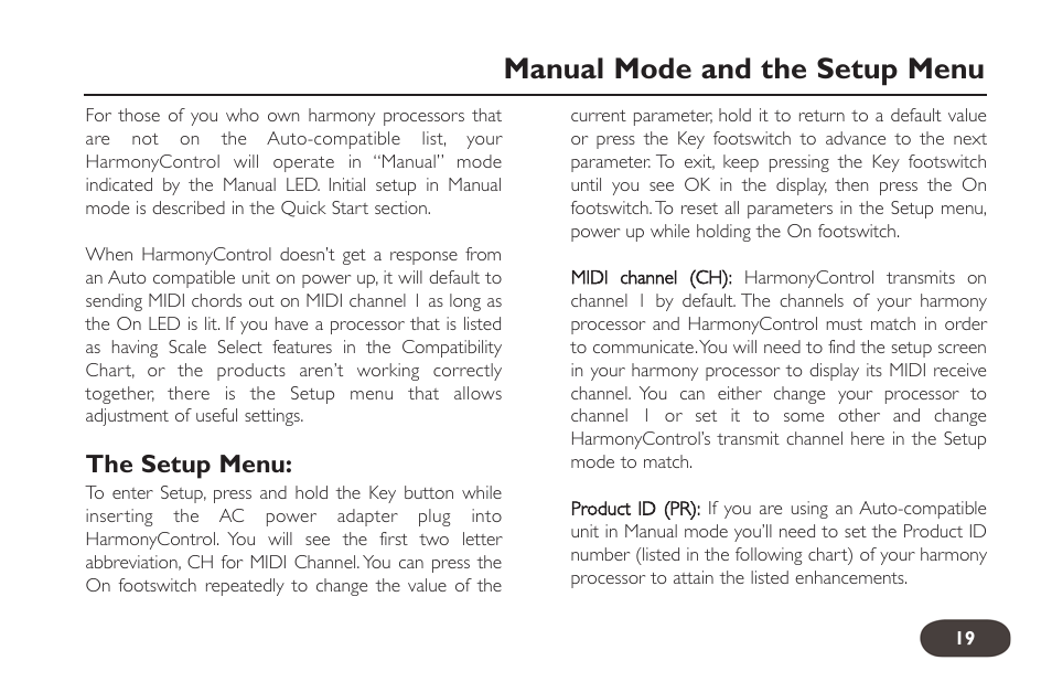 Manual mode and the setup menu | TC-Helicon HarmonyControl Guitar User Manual | Page 18 / 24