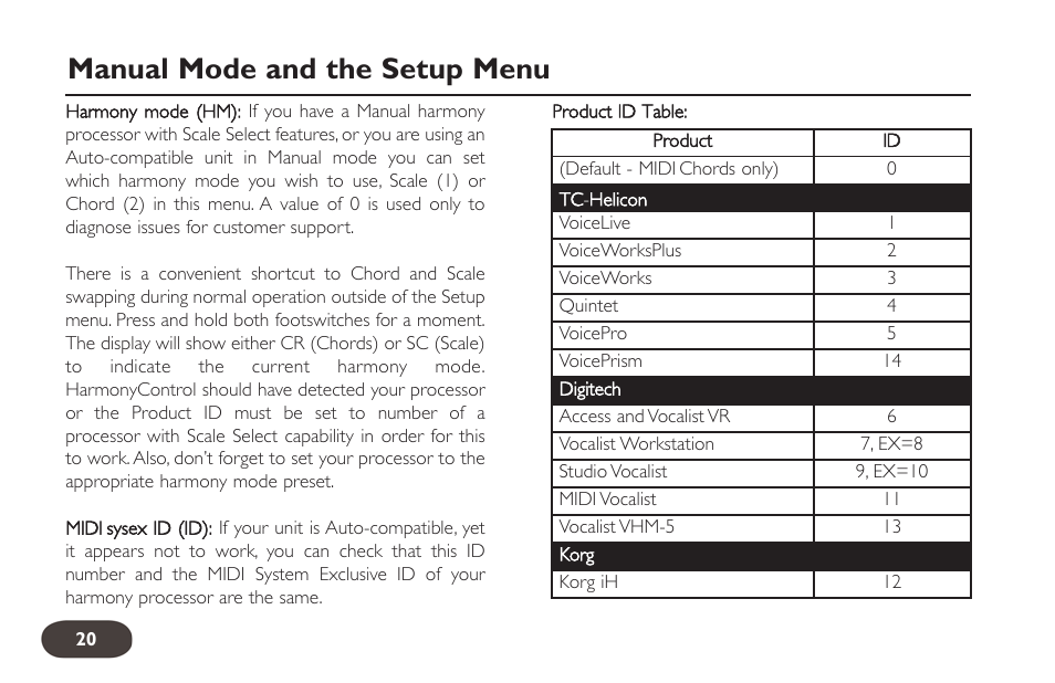 Manual mode and the setup menu | TC-Helicon HarmonyControl Guitar User Manual | Page 19 / 24