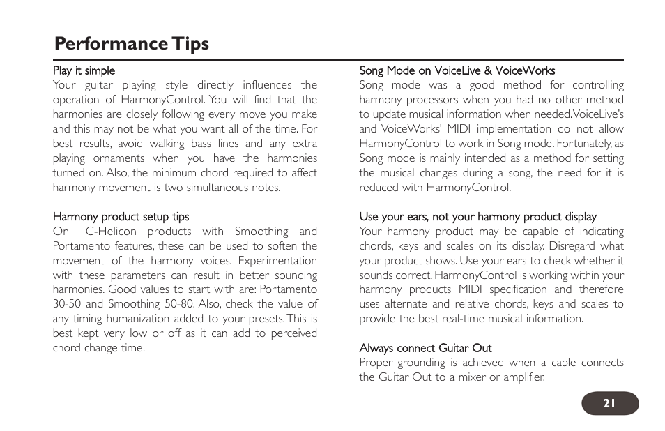 Performance tips | TC-Helicon HarmonyControl Guitar User Manual | Page 20 / 24