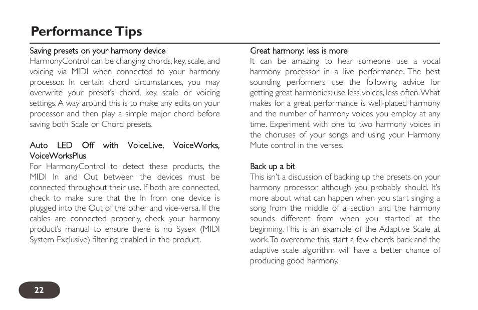 Performance tips | TC-Helicon HarmonyControl Guitar User Manual | Page 21 / 24