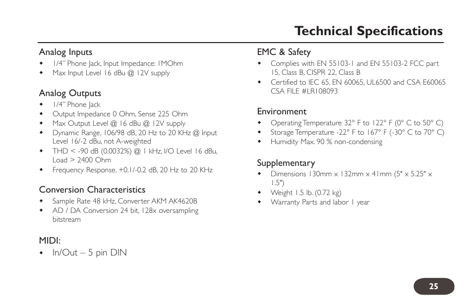 Technical specifications | TC-Helicon HarmonyControl Guitar User Manual | Page 24 / 24