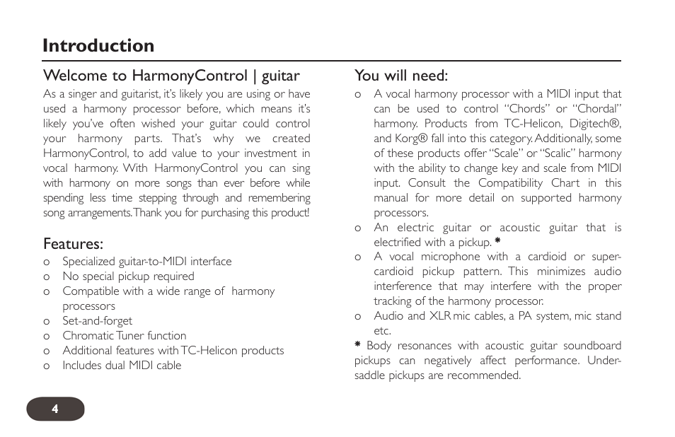 Introduction, Welcome to harmonycontrol | guitar, Features | You will need | TC-Helicon HarmonyControl Guitar User Manual | Page 3 / 24