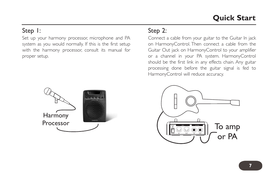 Quick start, Step 1, Harmony processor step 2 | TC-Helicon HarmonyControl Guitar User Manual | Page 6 / 24