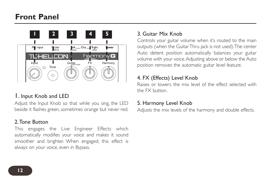 Front panel | TC-Helicon VoiceTone Harmony-G Manual User Manual | Page 11 / 24