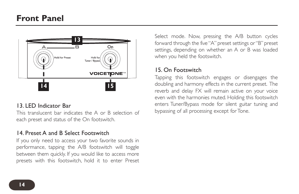 Front panel | TC-Helicon VoiceTone Harmony-G Manual User Manual | Page 13 / 24