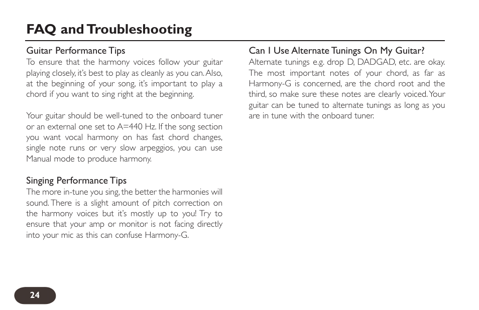 Faq and troubleshooting | TC-Helicon VoiceTone Harmony-G Manual User Manual | Page 23 / 24