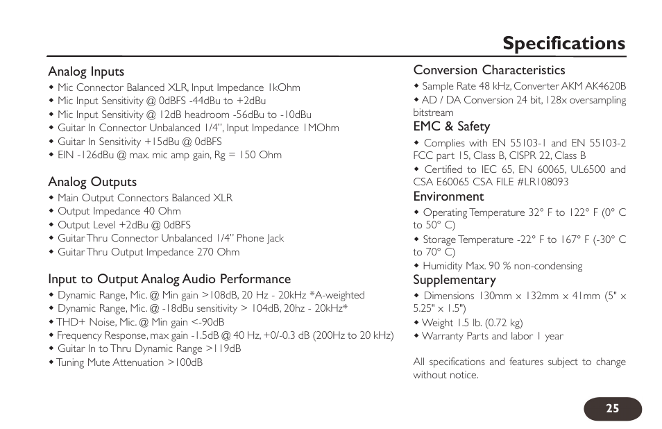 Specifications | TC-Helicon VoiceTone Harmony-G Manual User Manual | Page 24 / 24