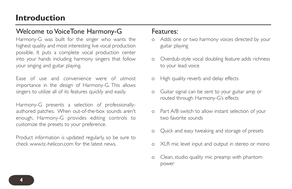 Introduction, Welcome to voicetone harmony-g, Features | TC-Helicon VoiceTone Harmony-G Manual User Manual | Page 3 / 24