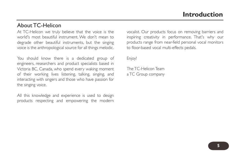 Introduction, About tc-helicon | TC-Helicon VoiceTone Harmony-G Manual User Manual | Page 4 / 24