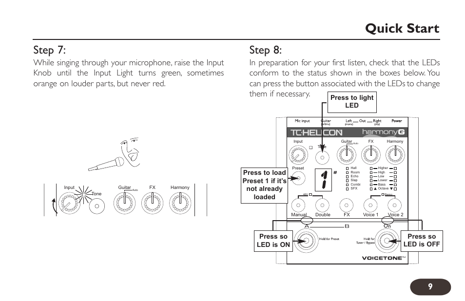 Quick start, Step 7, Step 8 | TC-Helicon VoiceTone Harmony-G Manual User Manual | Page 8 / 24