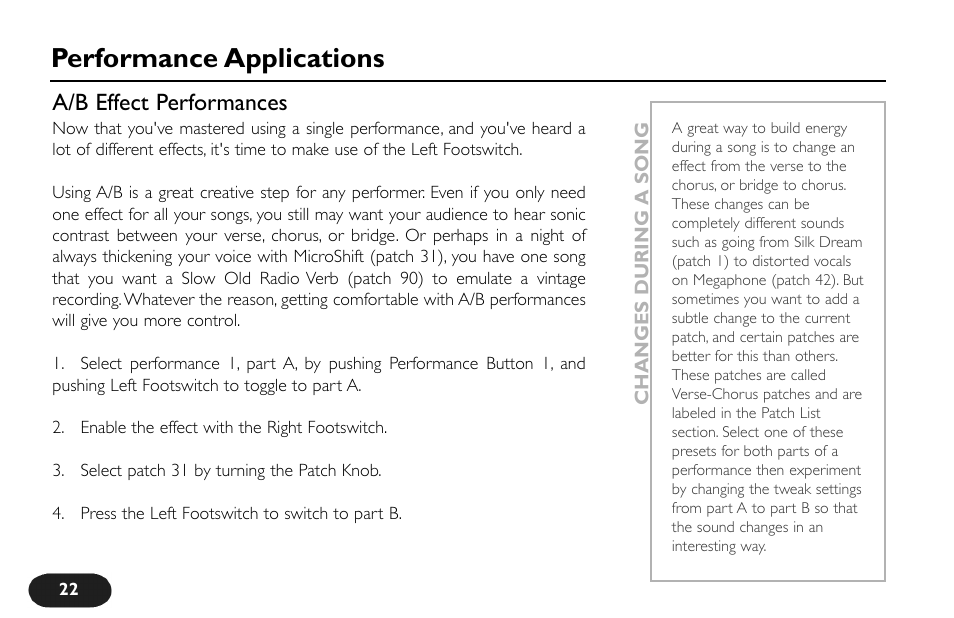 Performance applications, A/b effect performances | TC-Helicon VoiceTone Create Manual User Manual | Page 22 / 40