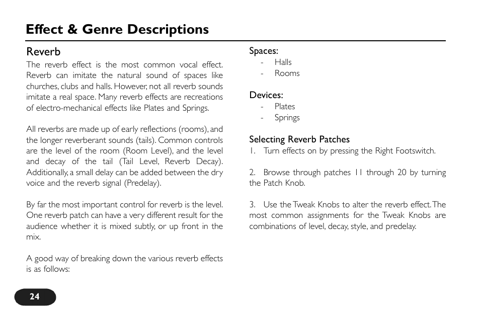 Effect & genre descriptions, Reverb | TC-Helicon VoiceTone Create Manual User Manual | Page 24 / 40