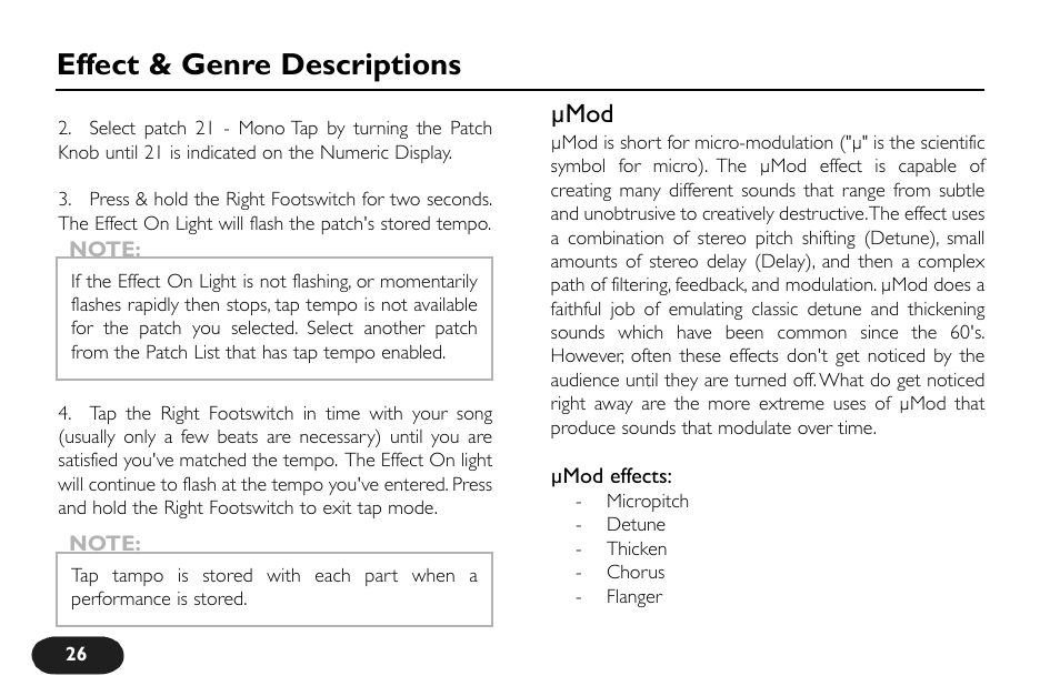 Effect & genre descriptions, Μmod | TC-Helicon VoiceTone Create Manual User Manual | Page 26 / 40