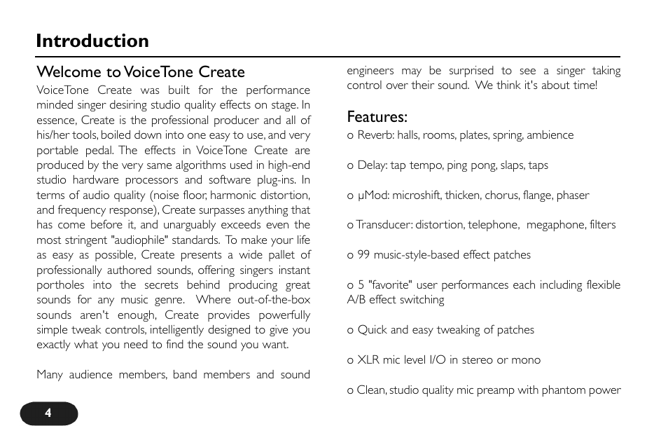 Introduction, Welcome to voicetone create, Features | TC-Helicon VoiceTone Create Manual User Manual | Page 4 / 40