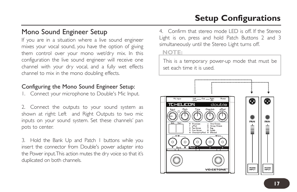 Setup configurations, Mono sound engineer setup | TC-Helicon VoiceTone Double User Manual | Page 16 / 25
