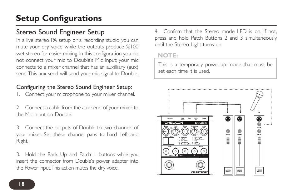 Setup configurations, Stereo sound engineer setup | TC-Helicon VoiceTone Double User Manual | Page 17 / 25
