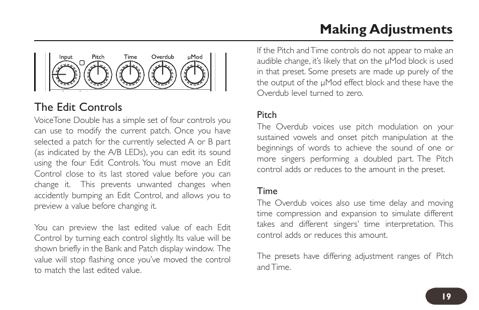 Making adjustments, The edit controls | TC-Helicon VoiceTone Double User Manual | Page 18 / 25