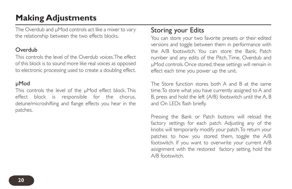 Making adjustments, Storing your edits | TC-Helicon VoiceTone Double User Manual | Page 19 / 25