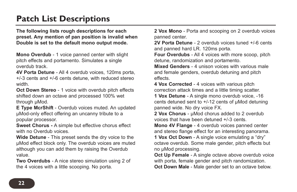 Patch list descriptions | TC-Helicon VoiceTone Double User Manual | Page 21 / 25