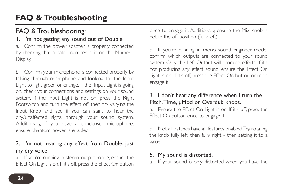 Faq & troubleshooting | TC-Helicon VoiceTone Double User Manual | Page 23 / 25