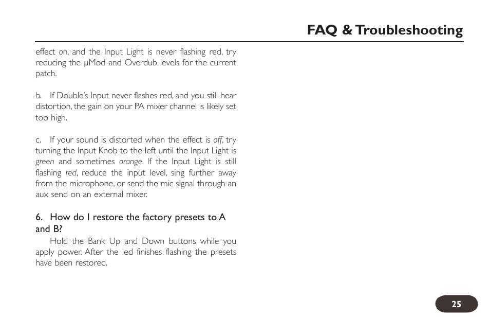 Faq & troubleshooting | TC-Helicon VoiceTone Double User Manual | Page 24 / 25