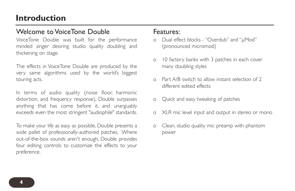Introduction, Welcome to voicetone double, Features | TC-Helicon VoiceTone Double User Manual | Page 3 / 25